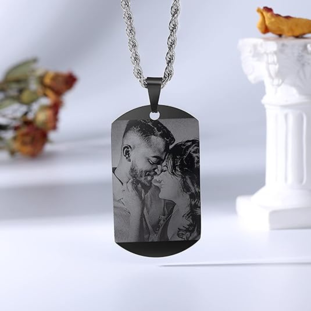Collana con Piastra personalizzata con fotoincisione e incisione sul retro | Acciaio Inossidabile