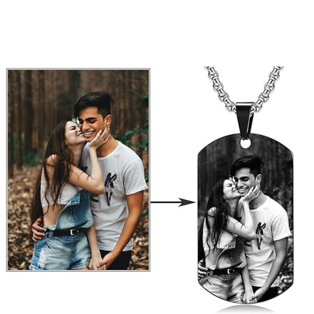 Collana con Piastra personalizzata con fotoincisione e incisione sul retro | Acciaio Inossidabile